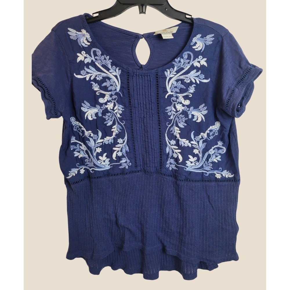 Bob Timberlake Blouse Boho Embroidered Pintuck Peasant Top Navy Blue Large L